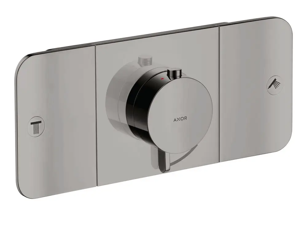 Thermostatmodul in Polished Black Chrome, mit Drehknopf und zwei Bedienelementen für Wasser- und Duschauslass, präsentiert von der Marke AXOR.
